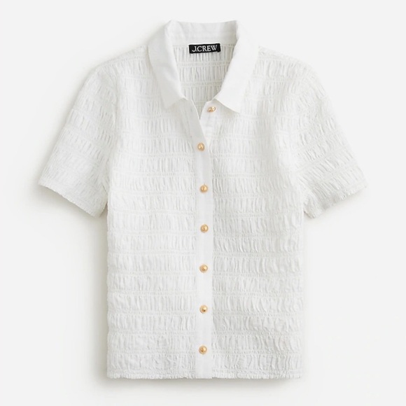 J. Crew Top Smocked button-up shirt in cotton-blend voile / white / Sz. L - Picture 8 of 12
